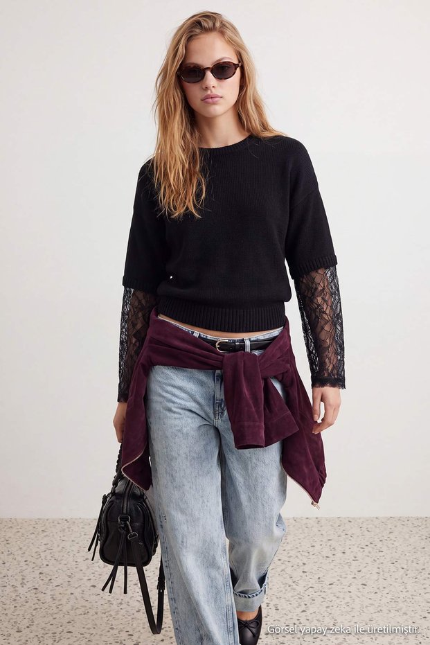 Black Lace Detailed Knitwear Sweater Twoaw27Kz00104
