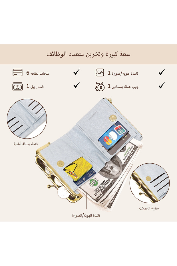 محفظة نسائية صغيرة بمشبك معدني، حافظة بطاقات RFID مضادة للسرقة، محفظة صغيرة بنقشة جلد الليتشي، مشبك معدني ذهبي، حقيبة محمولة لتخزين العملات المعدنية، حقيبة يد أنيقة، تصميم مضاد لسرقة البيانات الكهرومغناطيسية. - 7