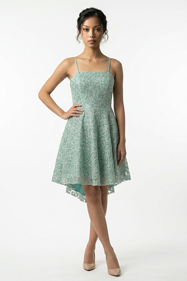 Women's Rope Strap Lined Glitter Flock Printed Short Flared Dress