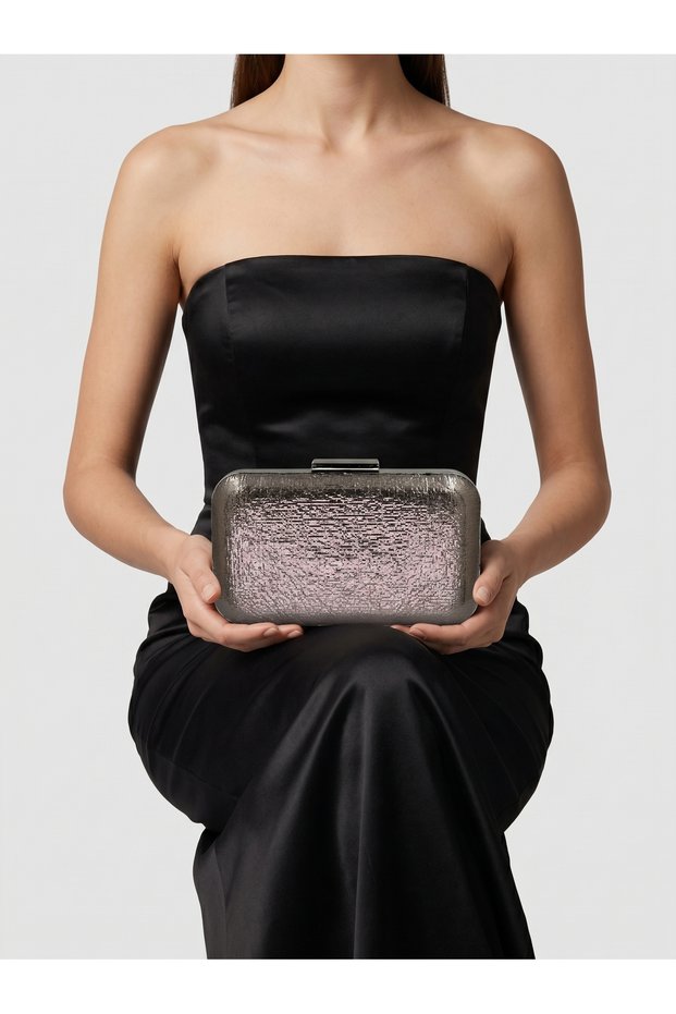 Anthracite Gray Platinum Color Shiny Imported Fabric Evening Bag Evening Bag Portfolio Clutch