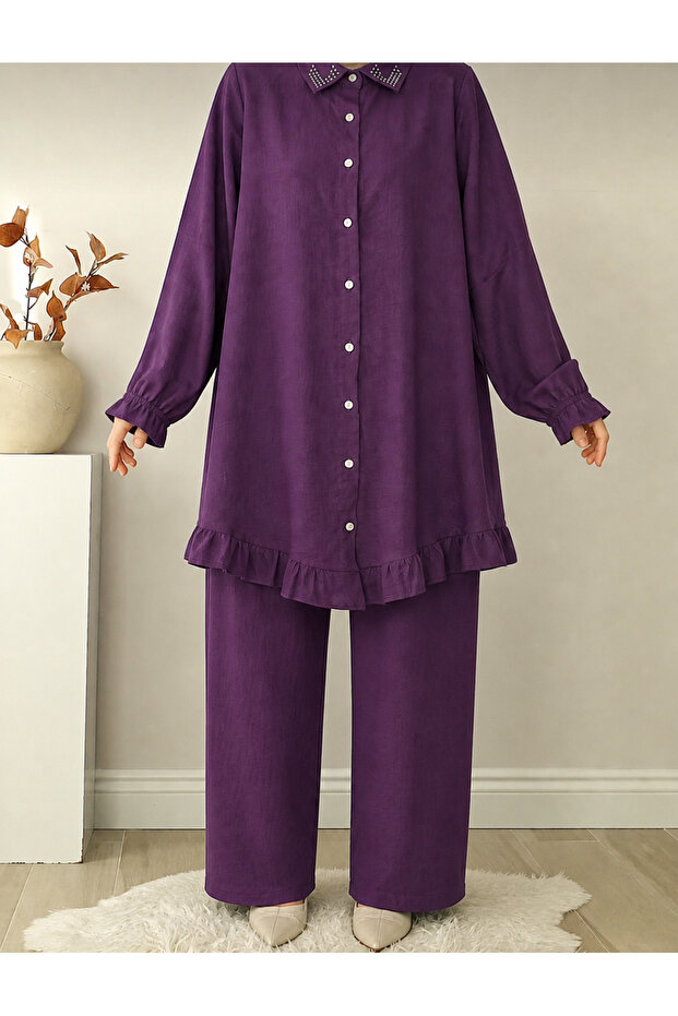 Stone Detailed Buttoned Cotton Double Suit Lilac