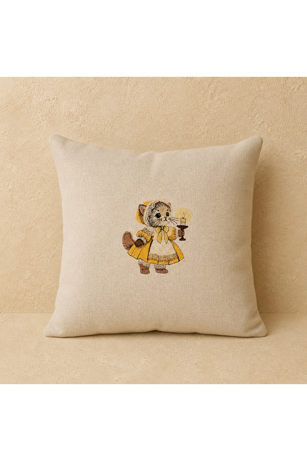 Vintage Cat Embroidered Cotton-Linen Throw Pillow Cover – Natural Textured (45X45 cm) Natural