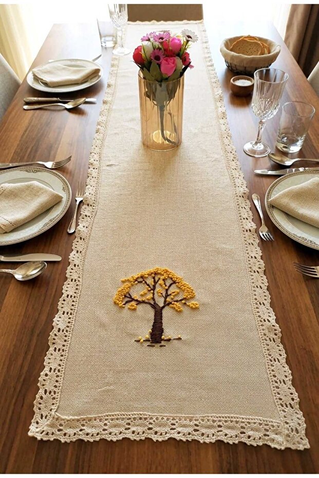 100% Handmade Embroidered Vintage Laced Natural Linen Fabric Tree Themed 30X90 cm Runner