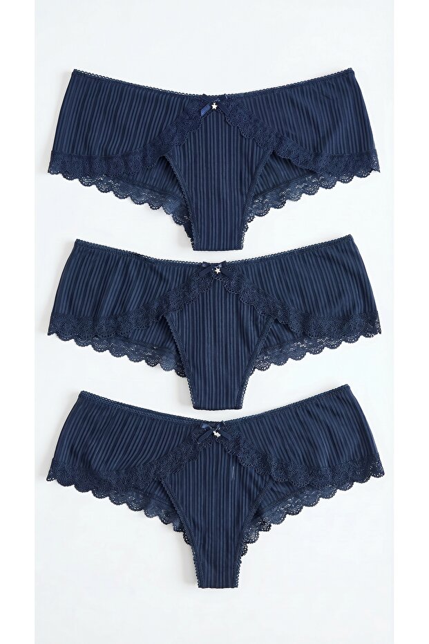 3 Pieces 1 Pack Navy Blue Striped Lace Detailed Hipster Panties with Stone Detail