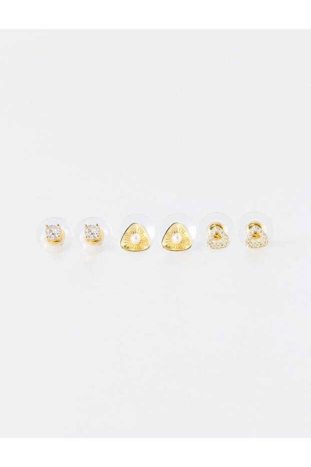 Gold Color Heart Detailed Shiny Stone Earring Set
