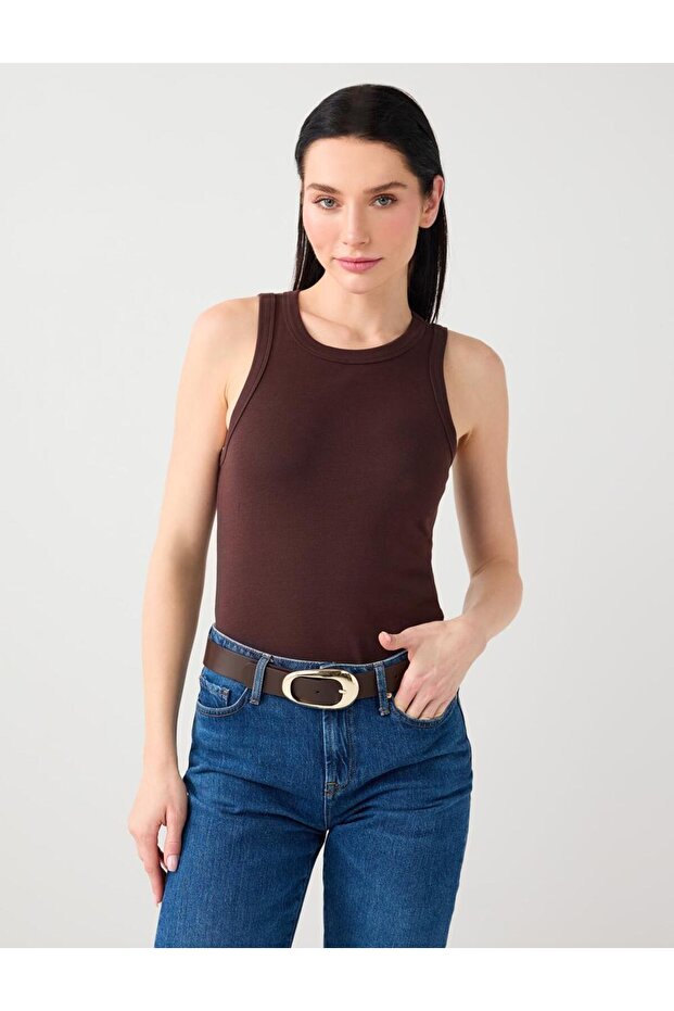 Bitter Brown Crew Neck Slim Fit Knitted Tank Top