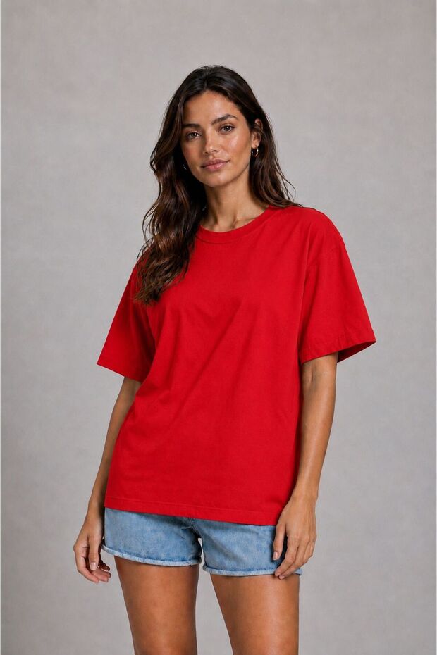Women's Oversize 100% Cotton Basic Comfortable Fit T-Shirt - Red