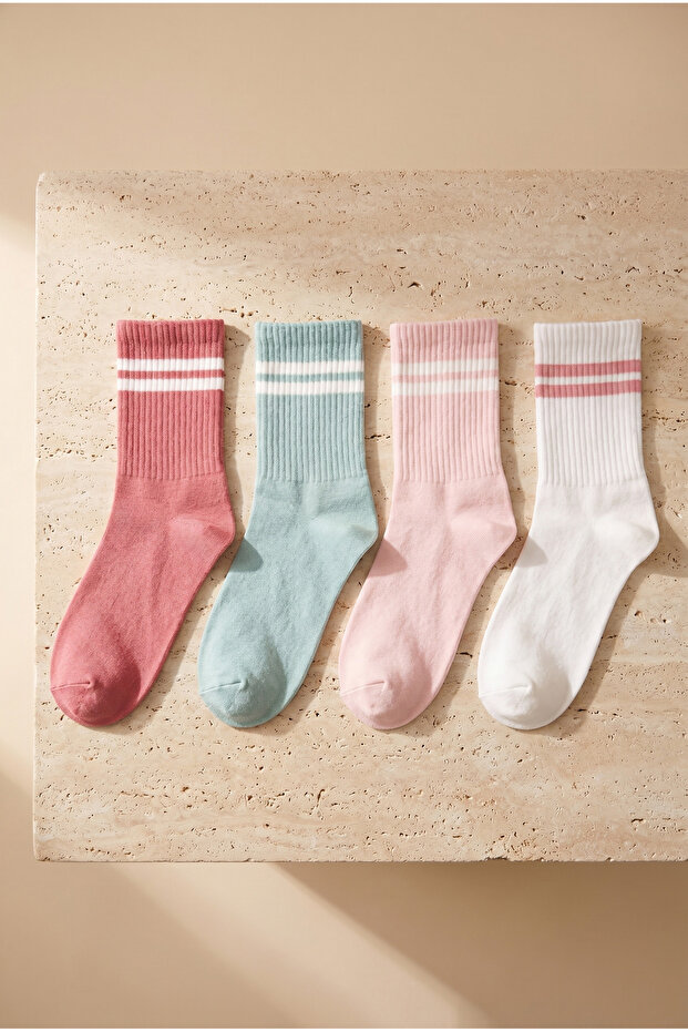 Pack of 4 Striped Women's Sports Socks with Pink Pattern