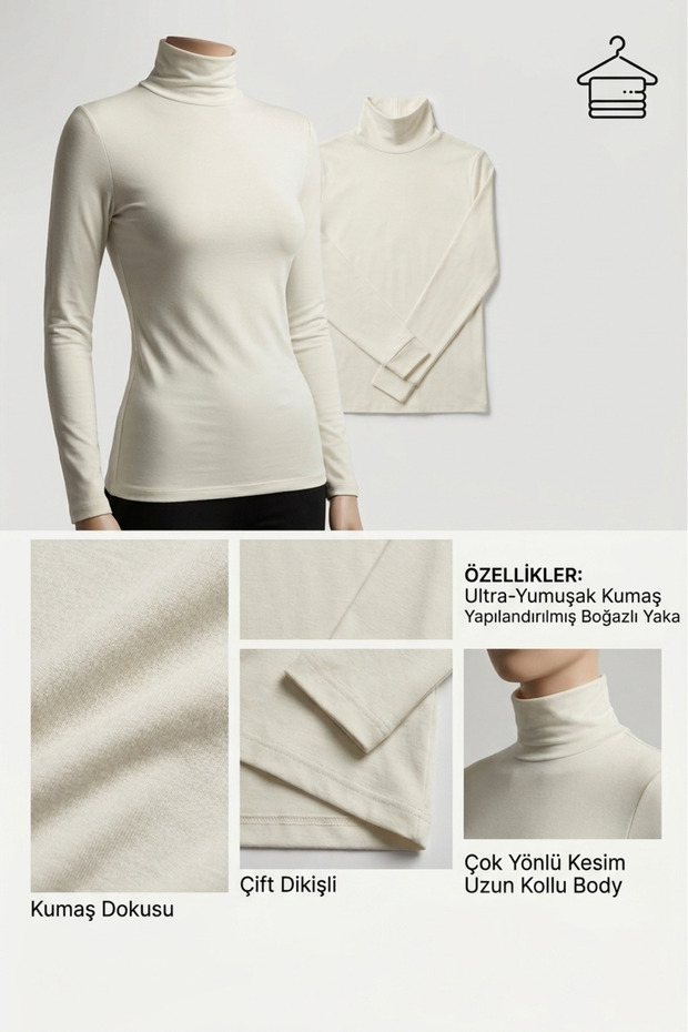 Women's Long Sleeve Half Turtleneck Combed Cotton Stretch Fabric Body -Ecru