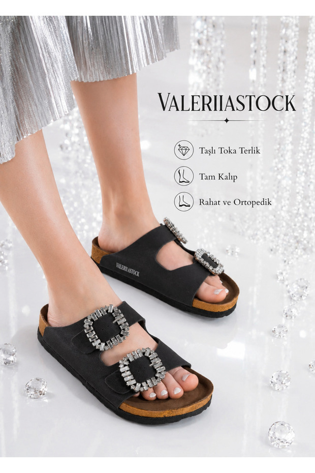 New Season Stone Buckle Slippers Double Buckle Black Color