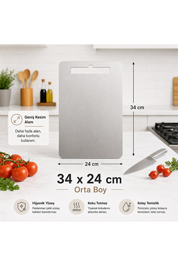 Anti-Bacterial Steel Cutting Board 34X24 cm Medium Size, Odor-Free Hygienic Stainless Kitchen Board, Dishwasher Safe
