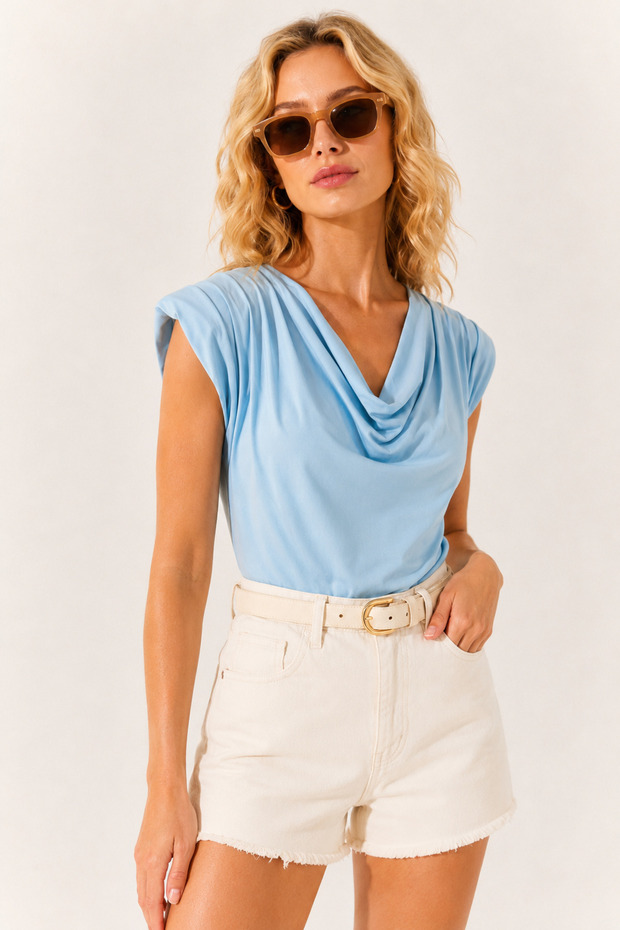 Women's Baby Blue Padded Collar Loose Blouse BLZ-19002217