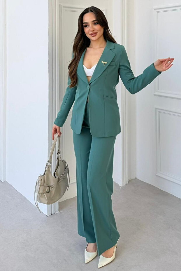 Green Women's Accessory Lined Single Button Blazer Jacket & Fabric Trousers Suit