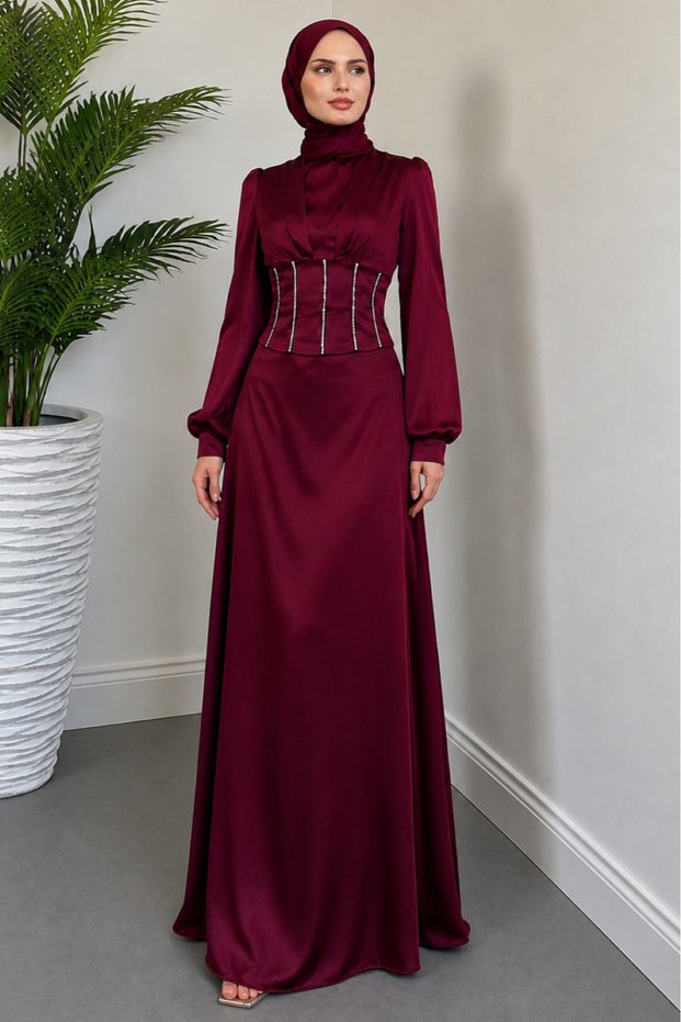 Stone Corset Detailed Volan Sleeve Satin Hijab Evening Dress
