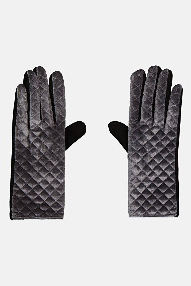 Women 1 Pair Velvet Quilted Gloves, Gray