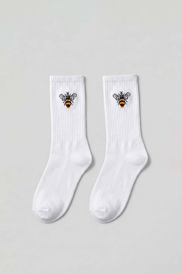 Men's Unisex Bee Printed Long College Tennis Socks White