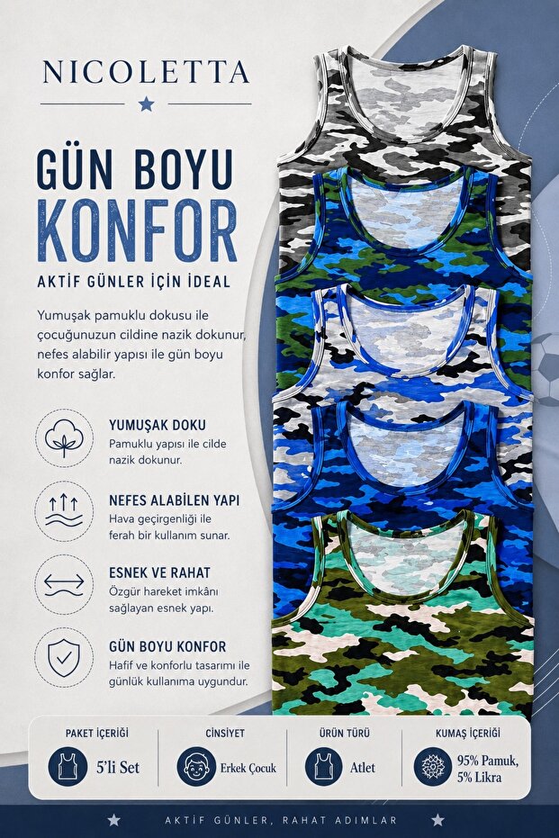 Boy's Athlete Wide Strap Camouflage Cotton Lycra Waiter T-Shirt