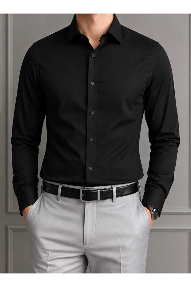 Men's black Slim Fit Straight Cut Firm Collar Long Sleeve shirt