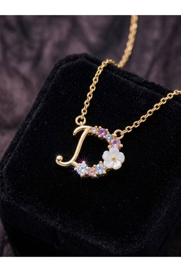 316L Steel Gold Color Letter D Zircon Stone Flower Detail Necklace