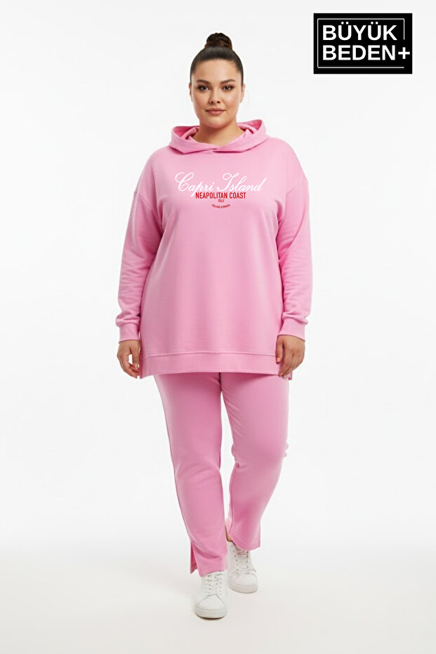 Plus Size Hooded Capri Island Printed Tunic Slim Sweatshirt Spr26Btk991-2
