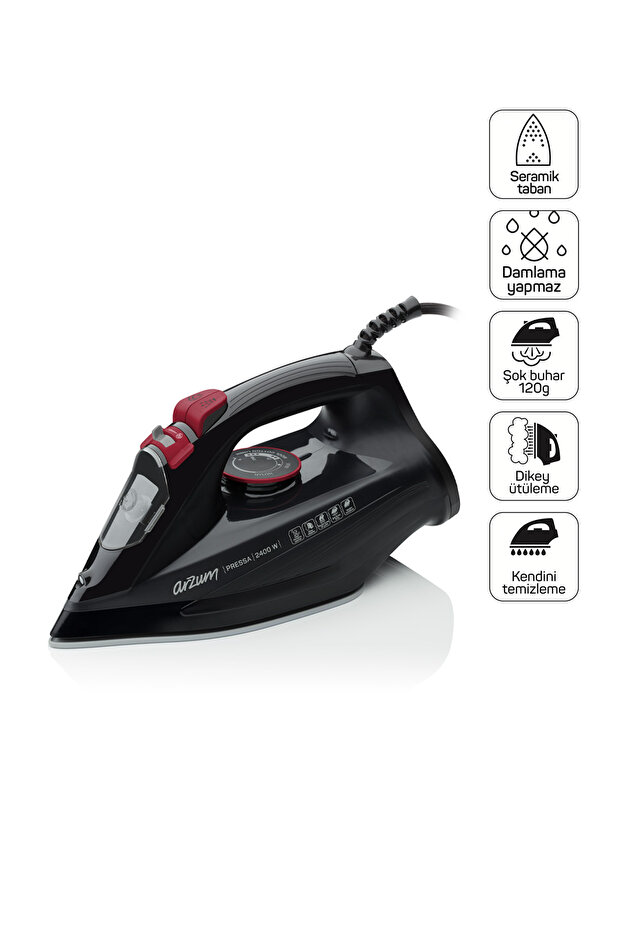 Arzum AR6020 Pressa 2400Watt Seramik Taban Buharlı Ütü,Şok Buhar