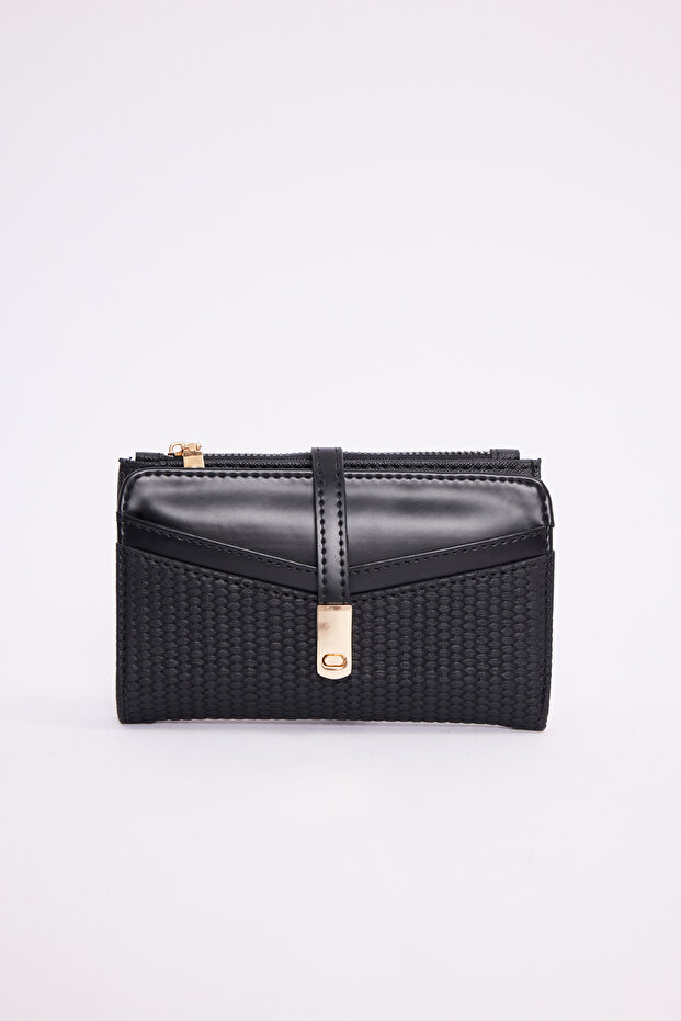 Women's Premium Black Textured Gold-Locked Multi-Compartment Elegant Women's Card Holder Wallet