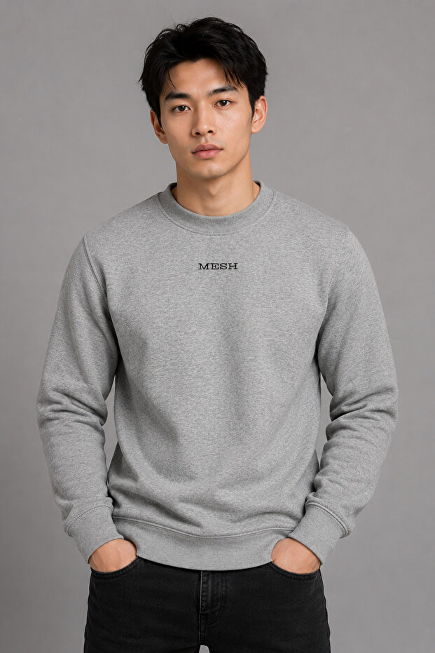Men's Winter Gray Crew Neck Premium Sweatshirt Embroidered Soft