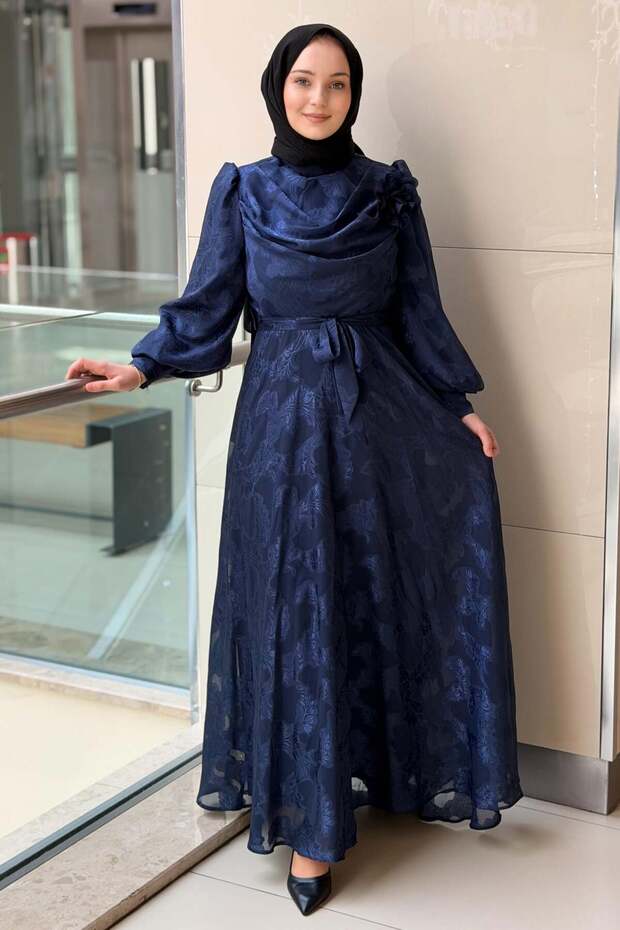 Self-Patterned Watermelon Sleeve Belted Evening Dress
