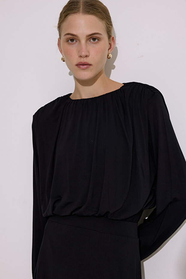 Draped Balloon Shape Blouse Black - 1