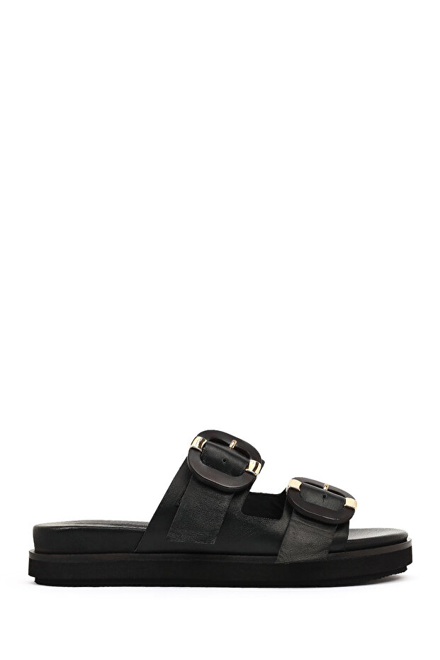 Women's Black Double Buckle Leather Slippers 26Sfd203118