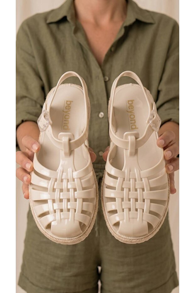 Women's Shiny Cream Straw Striped Jelly Sandals 2cm Byndhasjlly01