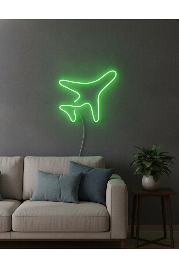 Uçak Figürlü LED Neon Duvar Tablosu | Yeşil Aydınlatmalı Modern Dekor | Çocuk Genç Odası - 2
