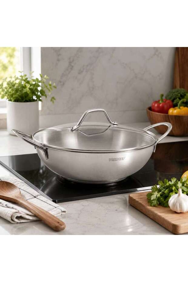 Pradeep Stainless Steel Kadai Pan With Lid Dia28cm -chrome