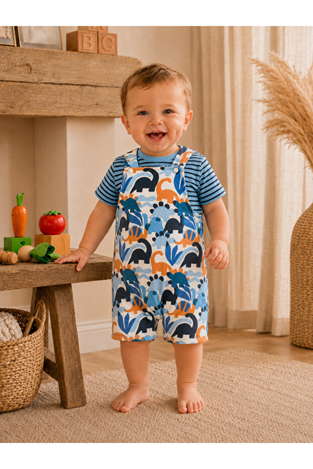 Dinosaur Patterned Baby Boy T-Shirt Salopet 2-Piece Set 100% Cotton