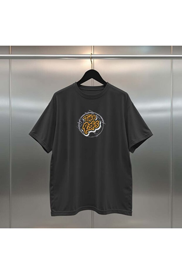 Take Risks Digital Print Oversize Unisex Black T-Shirt
