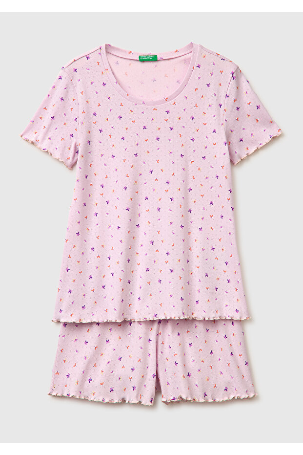 Women's Pink 100% Cotton Ruffle Detailed Patterned Pajama Set
