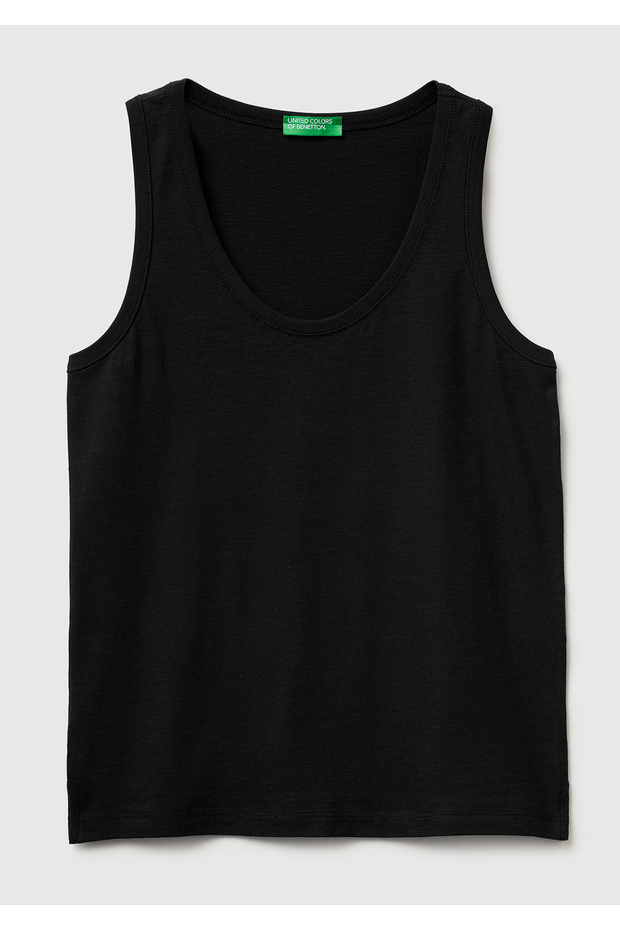 Women's black 100% cotton wide round neck strappy tank top
