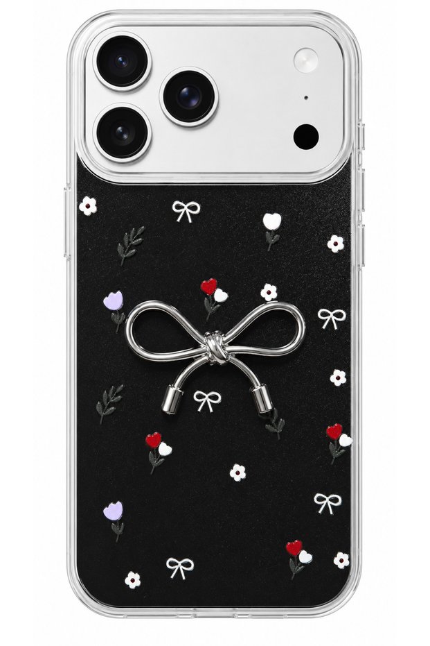 iPhone 17 Pro/18 Pro Case Marbling Effect 3D Bow Flower Pattern Camera Raised Cover Black