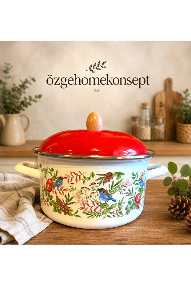 3-Liter Red Lid Floral Print Enamel Pot 20cm – Durable & Stylish Kitchen Utensil