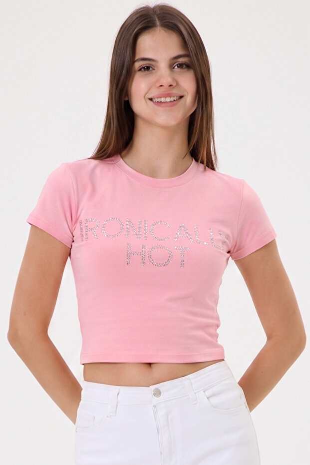 Ironically Hot Stone Printed Crop Baby Tee