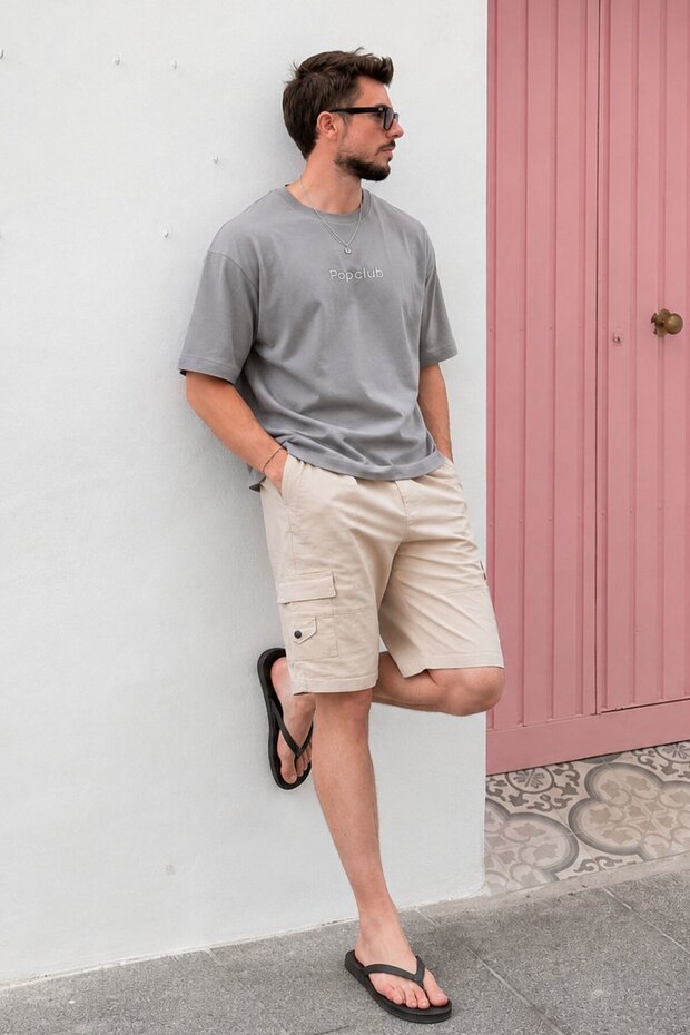 Beige Cargo Pocket Men's Capri Shorts 5737