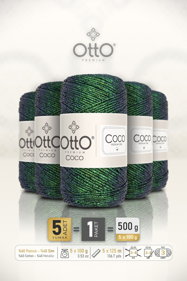 Coco • Green Blue • 5-Pack × 100 Gr / 125 m • 2 mm • Glitter, Cotton Thread • Bag, Accessories