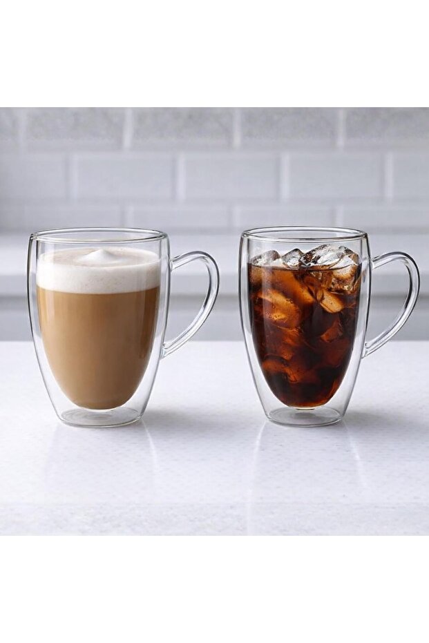 2PCS Double Wall Glass Mugs, 350ml Clear Coffee & Tea Cups with Handle for Hot and Cold Drinks, DH931