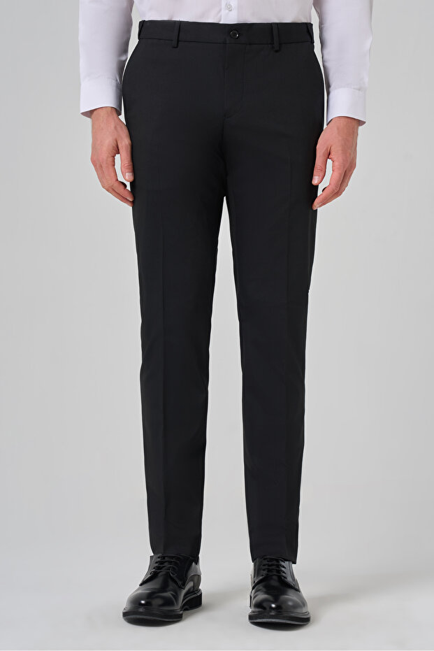 Men's Black Wool Basic Plain Dynamic Fit Trousers - 2