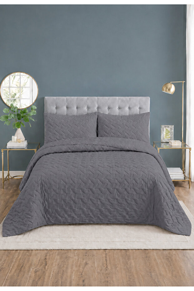 Milena Double Bedspread Set 260X240Cm - 100% Polyester Modern with Flounces and 2 Pillows - Antra