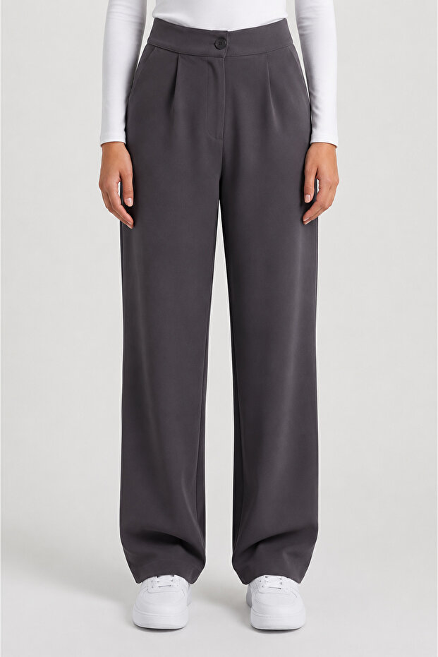 Anthracite High Waist Pocketed Buttoned Lycra Women's Palazzo Trousers