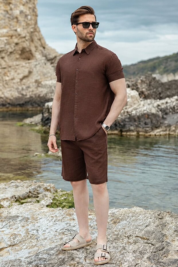 Bitter Brown Linen Look Relax Fit Men's Shirt Shorts Set E7364