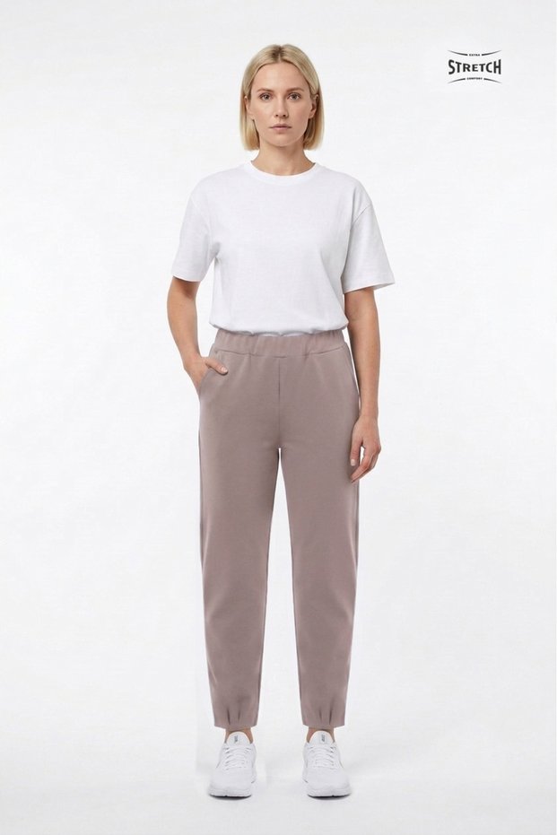 Women's Renata Elastic Waist, Pockets, Narrow Leg, Ankle Length, Regular Waist, Lycra Two-Thread Pants Beige