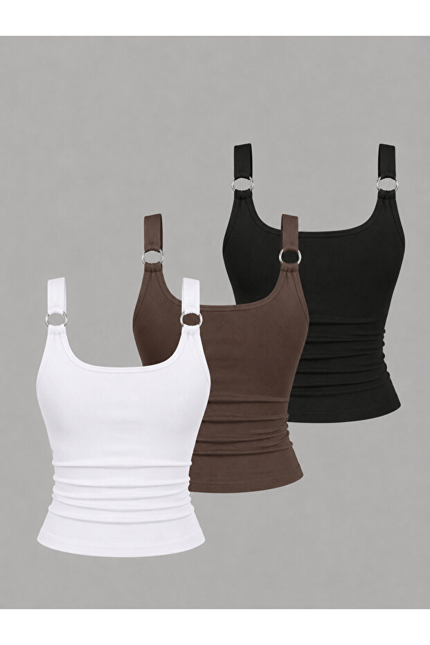 Women's 3-Pack Ring Detail Black - White - Brown Slimfit Body-Fitting 100% Cotton Lycra Basic Blouse
