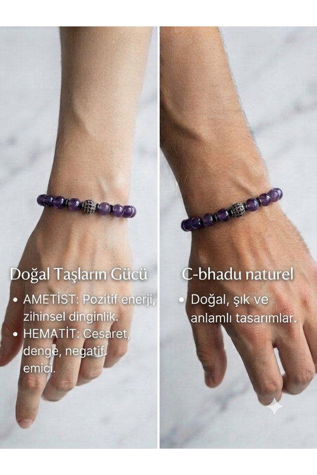 Certified 8 mm Zircon Stone, Amethyst, Hematite Natural Stone Bracelet
